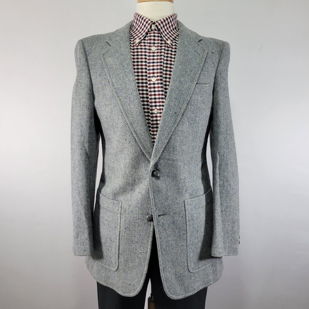 Men's Tweed Style Sport Coat Blazer Two Button Blue Herringbone Wool Blend 40R